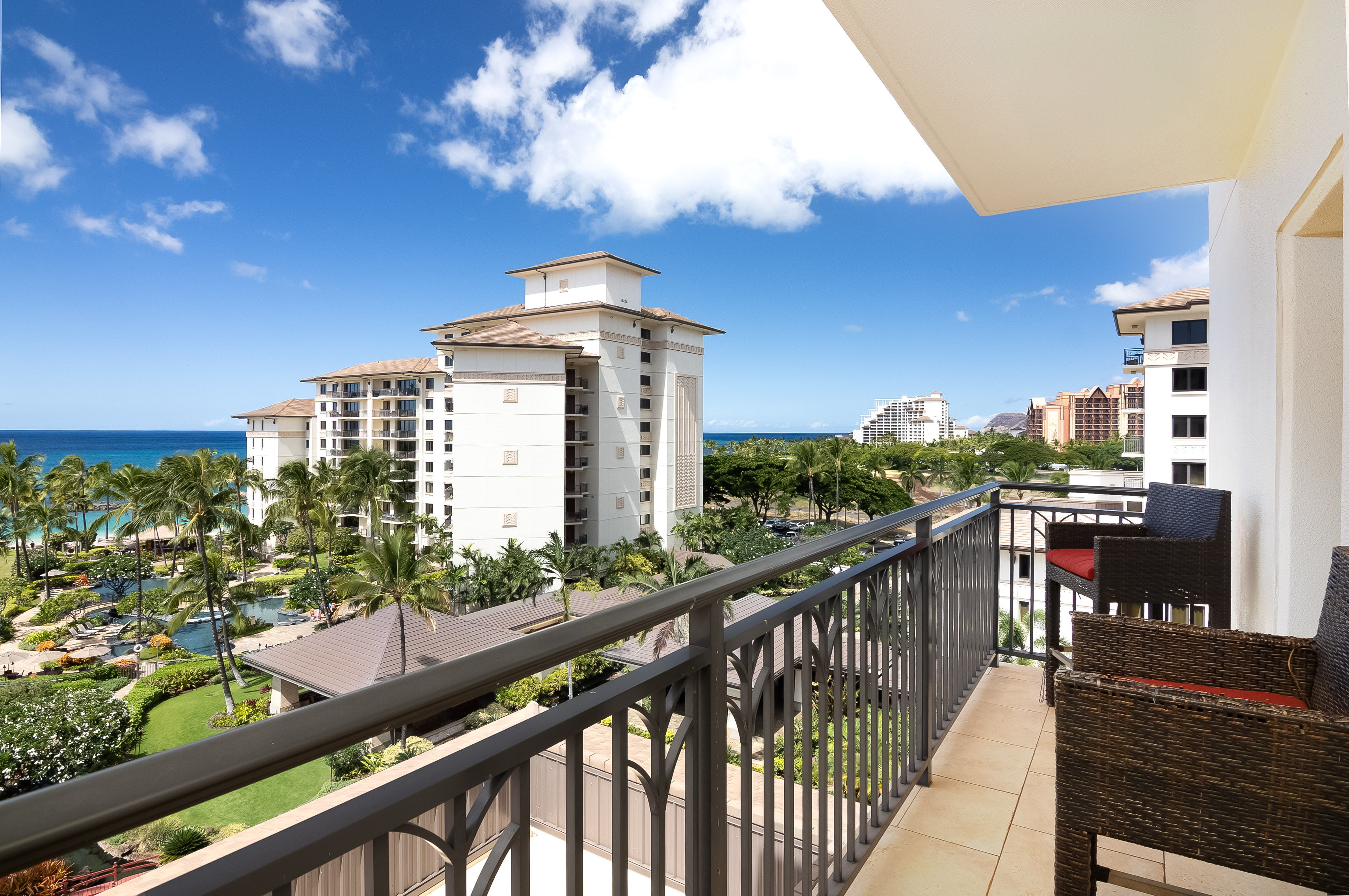Resort gardens, pools and ocean seen from the condo lanai