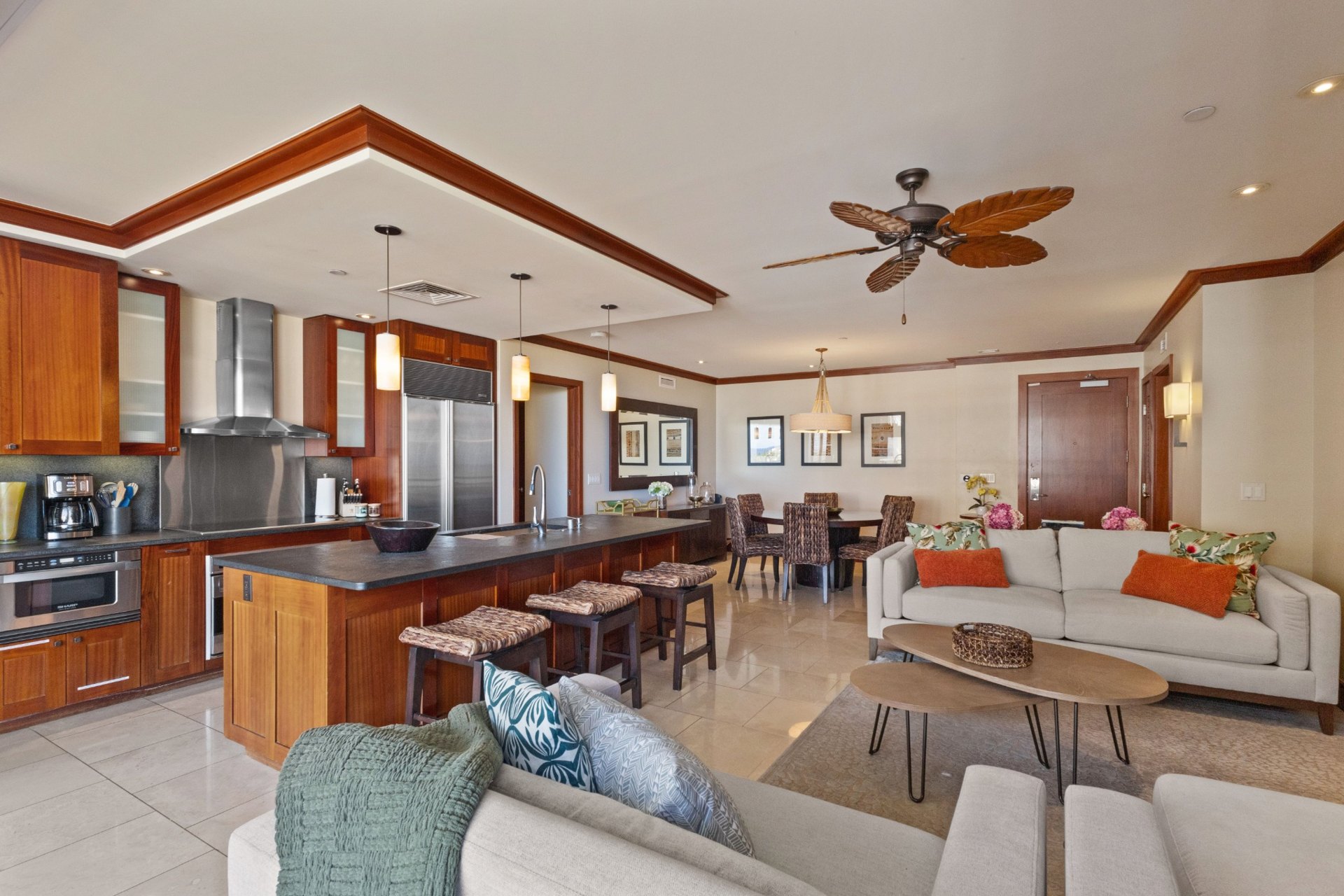 Kitchen and living room opening toward the lanai