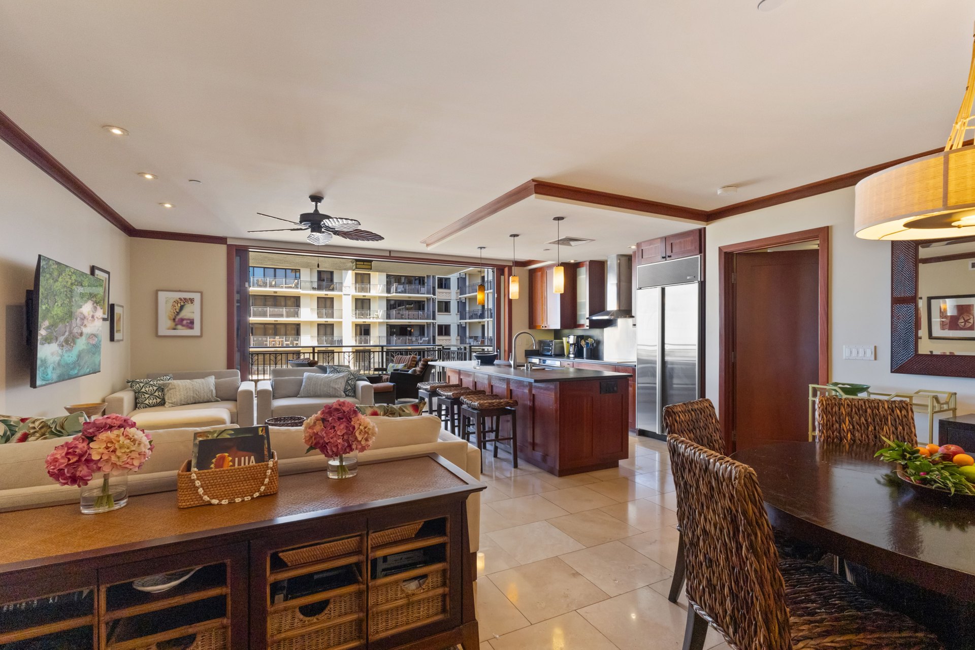 Open-plan living, dining and kitchen space inside the Aloha Nui condo